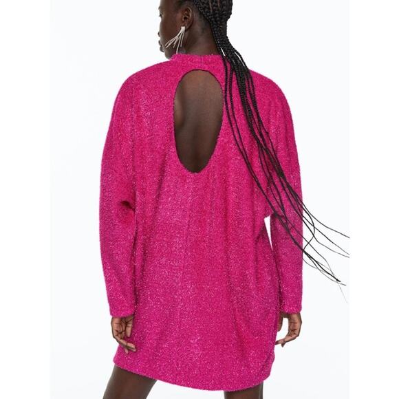 H&M Pink Sparkly Glitter Metallic Long Sleeve Cutout Mini Sweater Dress Size S - Picture 2 of 10